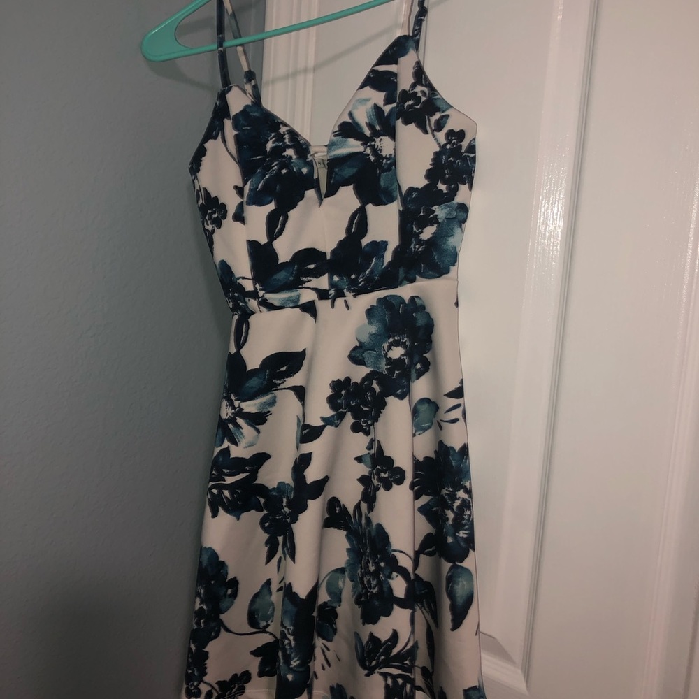A floral blue and white dress